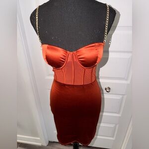 Fashion Nova Copper Satin Corset Midi Dress
